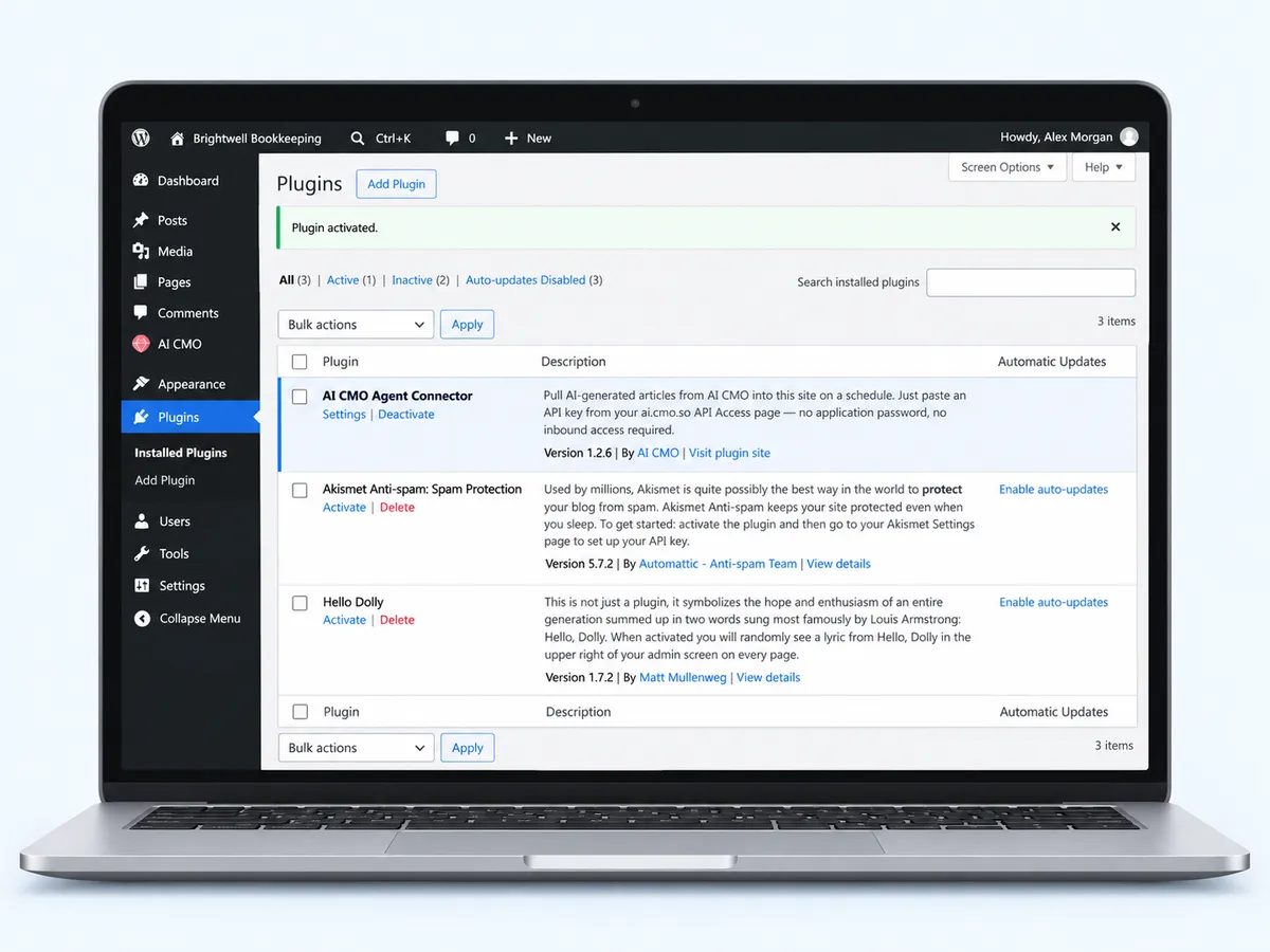 WordPress showing Plugin activated with the new AI CMO menu