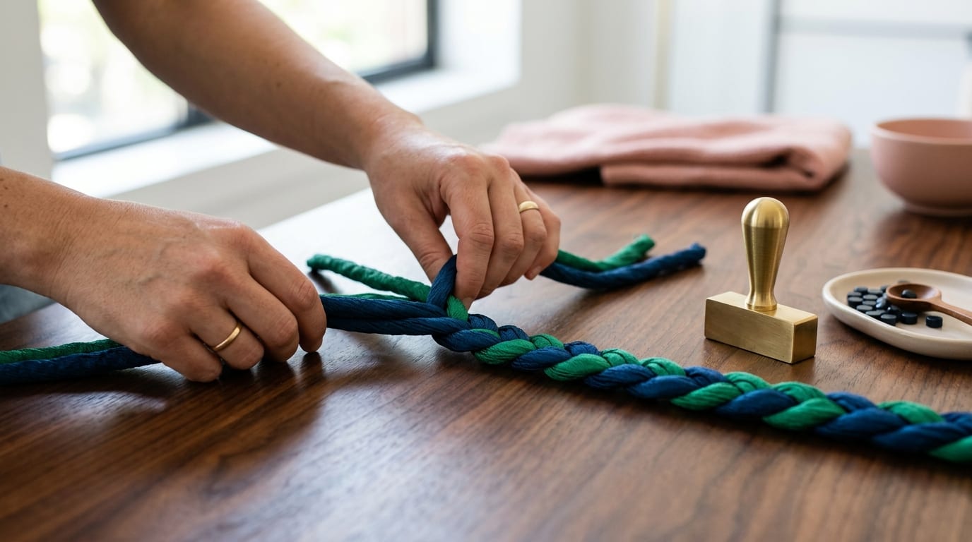 A close-up photograph of hands braiding two different colored silk ropes together on a wooden surface next to a heavy brass stamping tool.