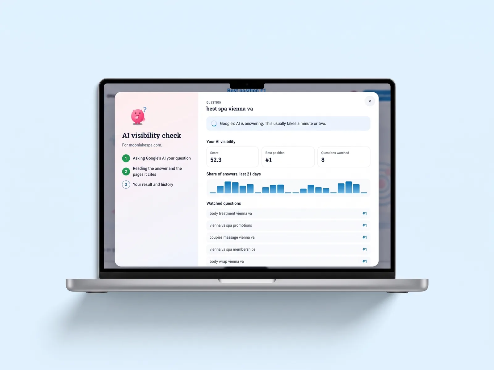 The AI visibility check window while Google's AI answers, with the website's score, trend and watched questions