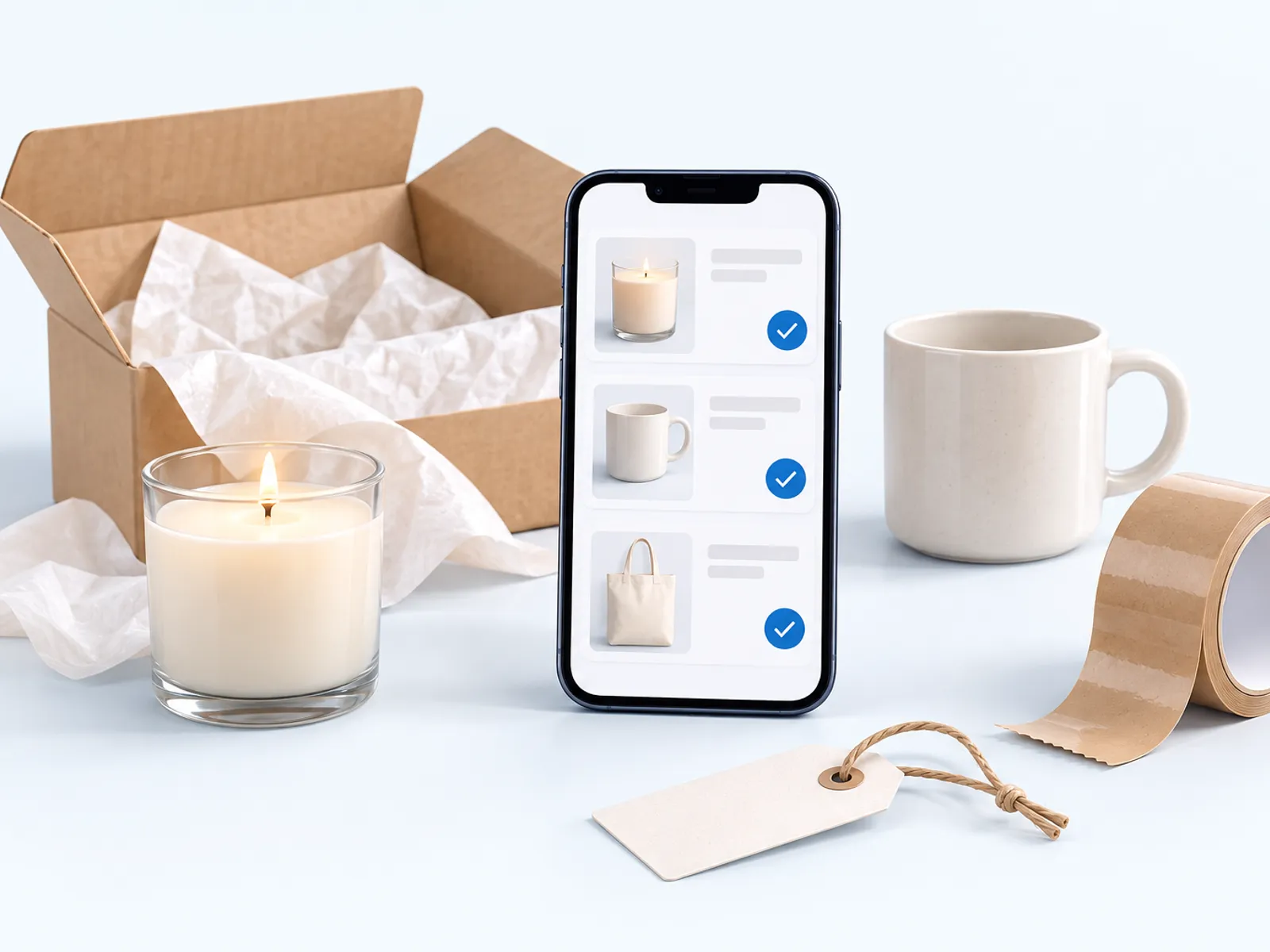 A shop owner's packing table: a phone showing post cards with product pictures waiting for approval, beside a parcel, a candle and a ceramic mug