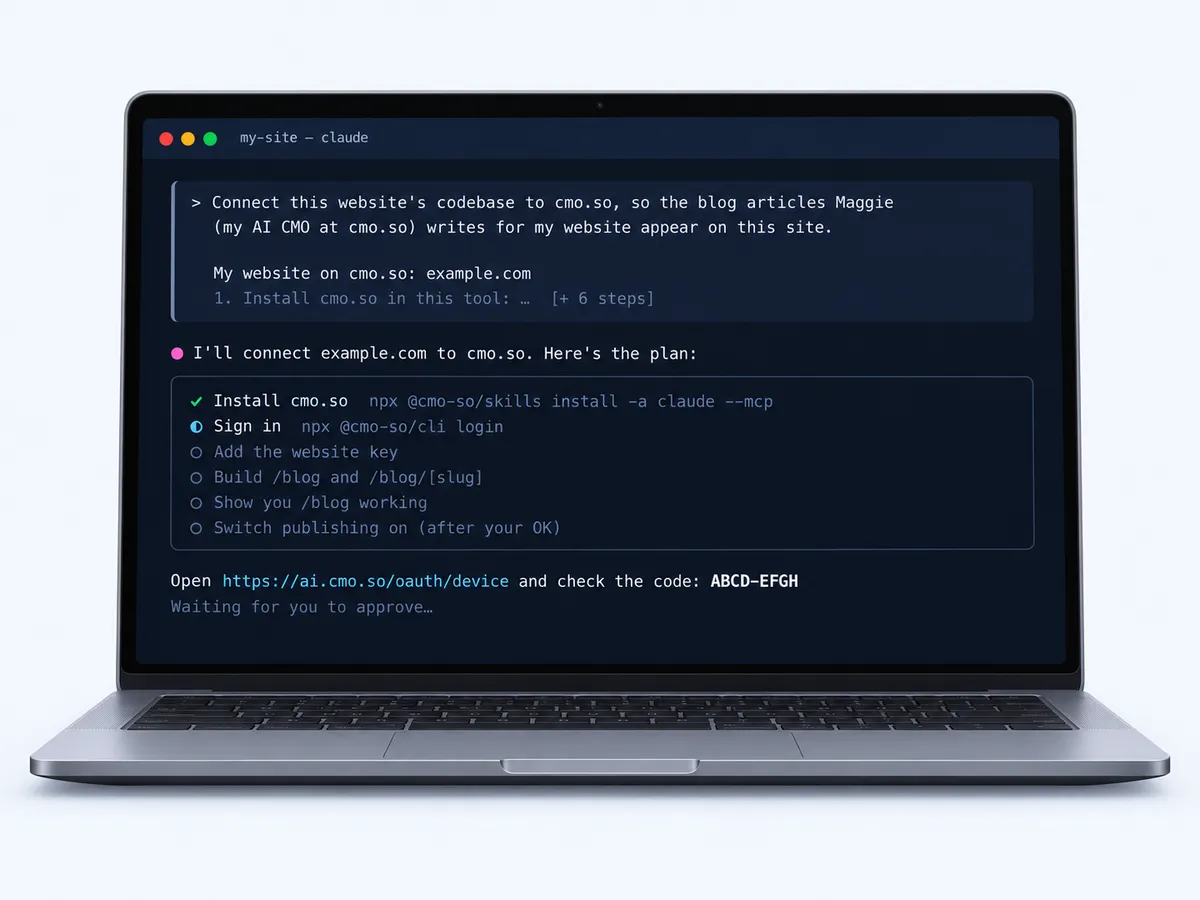 An AI coding assistant in a terminal with the cmo.so prompt pasted in