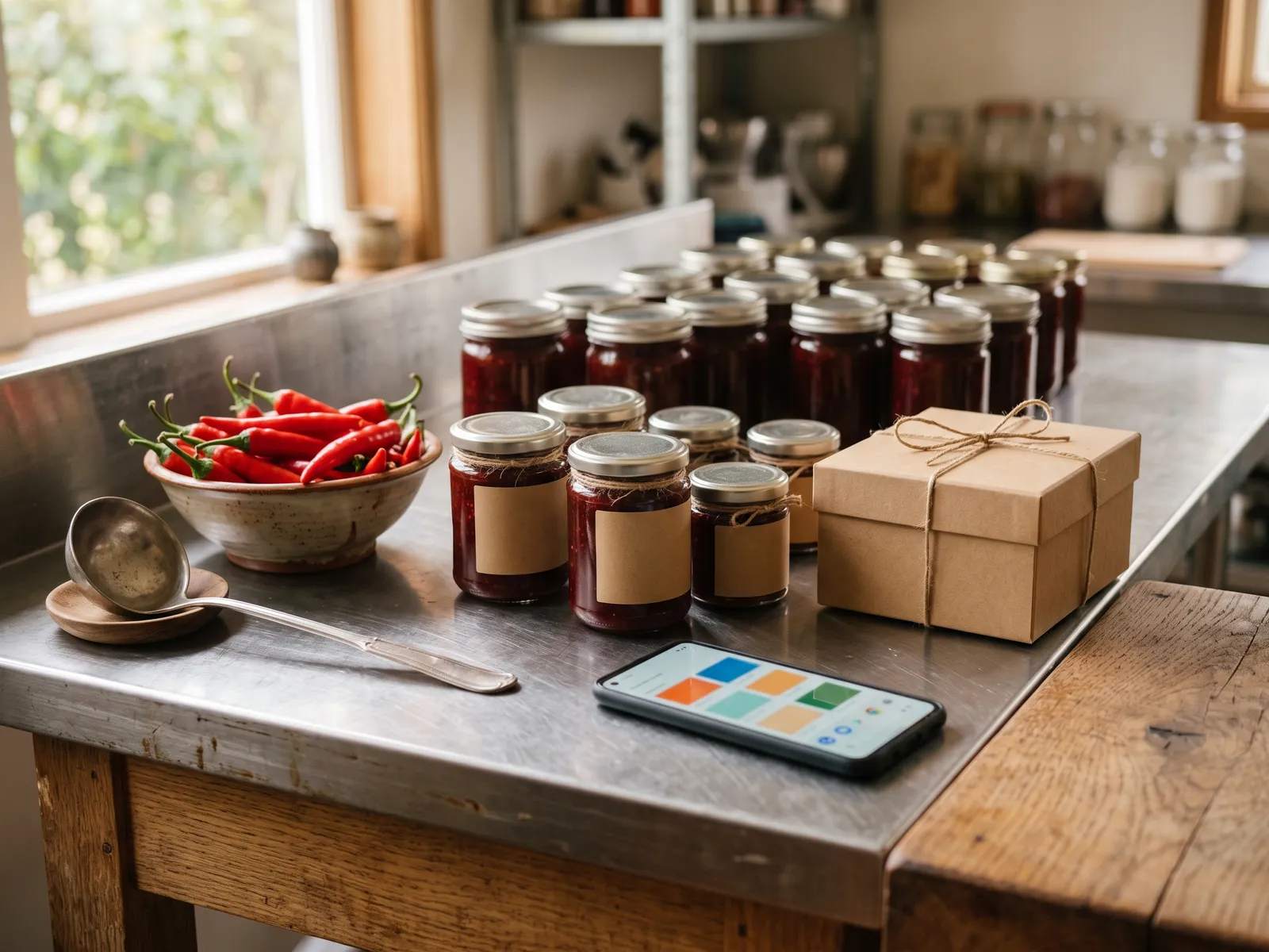 小型食品生产商的厨房台面：一部显示待确认帖子卡片的手机，旁边是几罐贴着空白标签的酸辣酱、一把汤勺、新鲜辣椒和一个系着丝带的礼盒