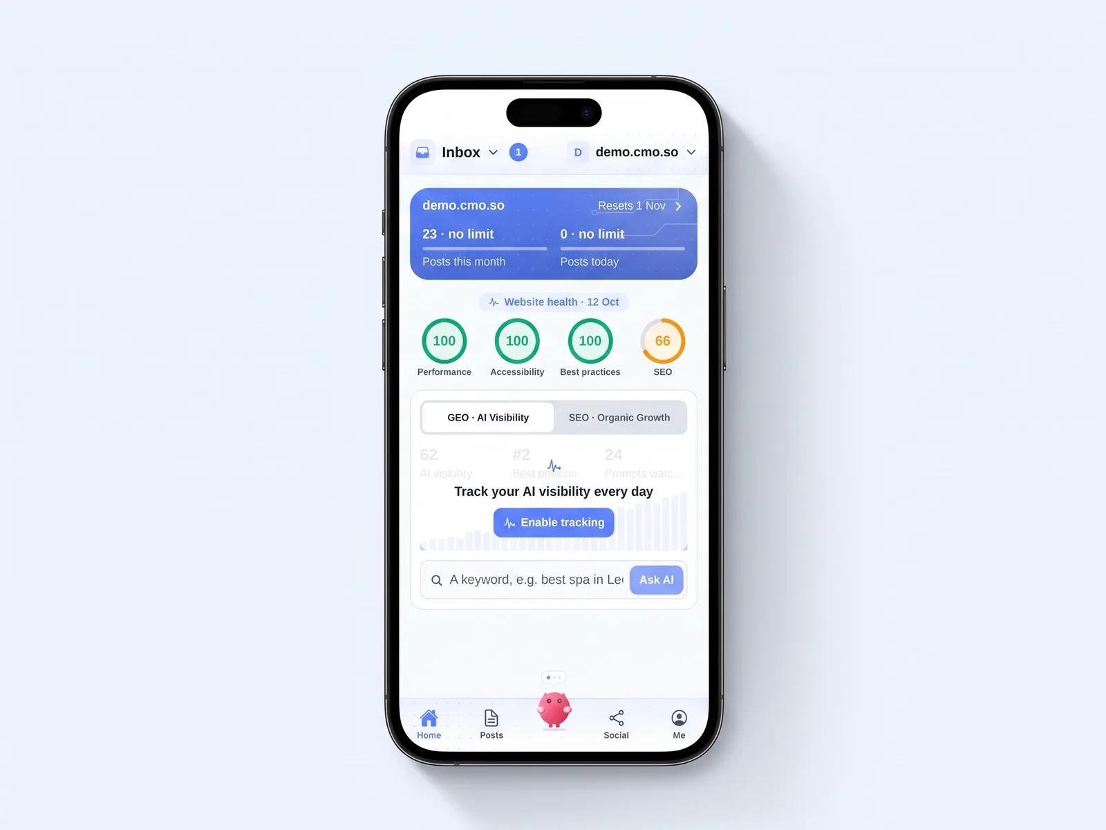 The Home tab of the cmo.so app on an iPhone: posts this month and today, website health scores and AI visibility