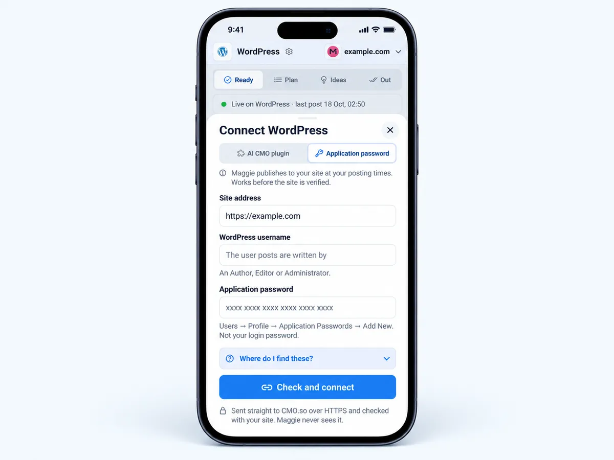 The app's WordPress form switched to Application password