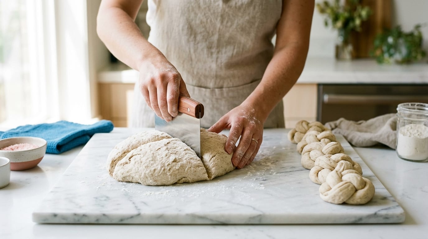 Hands on a marble surface use a metal tool to divide a large piece of dough into several smaller, identical portions shaped into intricate knots.