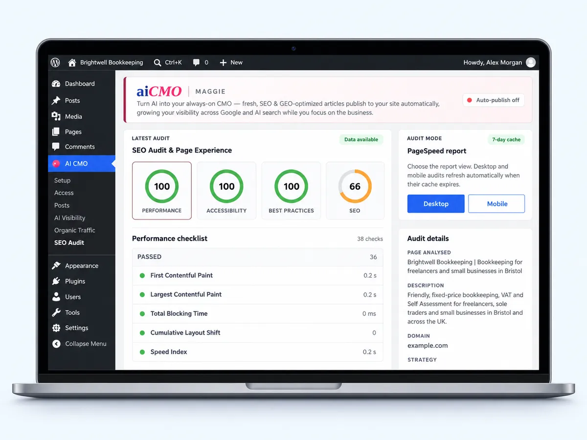 The plugin's SEO Audit with performance, accessibility, best practices and SEO scores