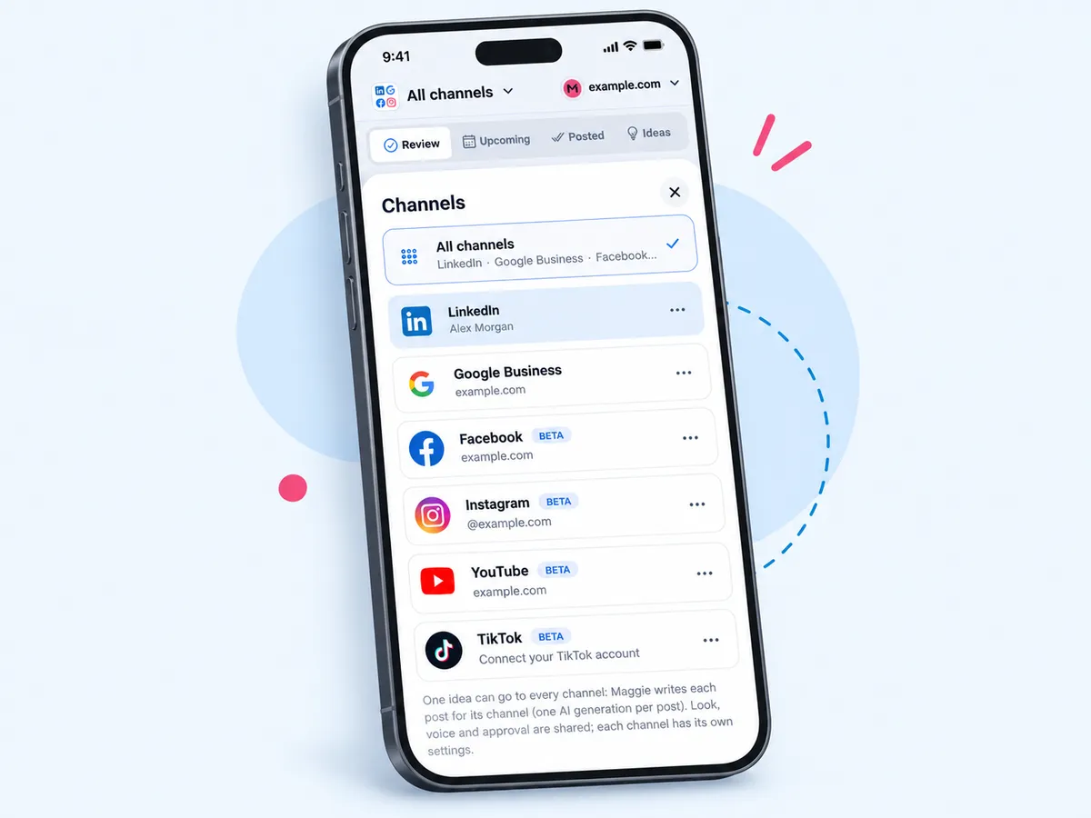 The Channels sheet in the cmo.so app with LinkedIn highlighted