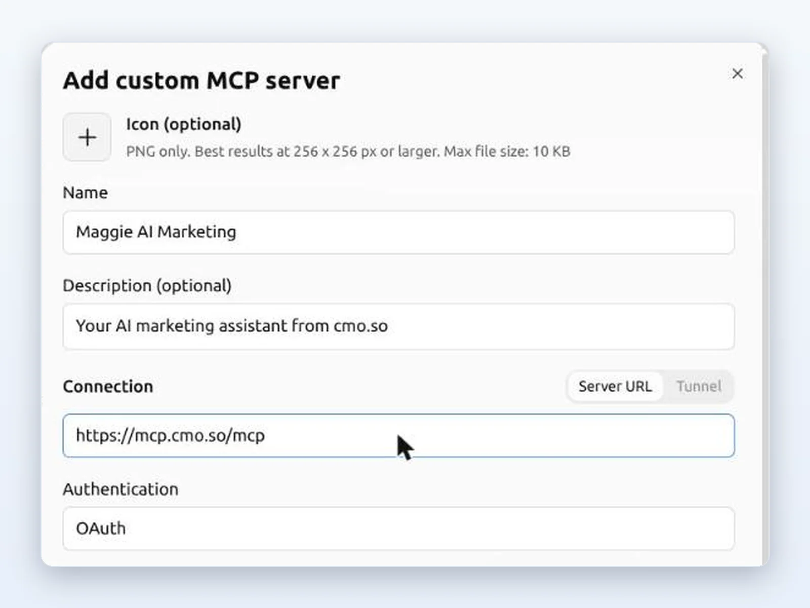 ChatGPT's Add custom MCP server form with the name, a description and https://mcp.cmo.so/mcp filled in, authentication OAuth