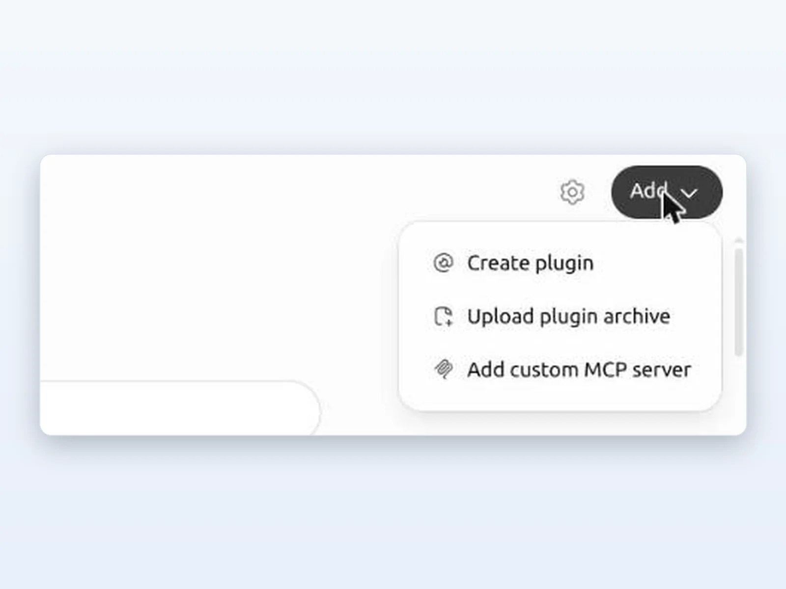 ChatGPT's Plugins page with the Add menu open: Create plugin, Upload plugin archive, Add custom MCP server