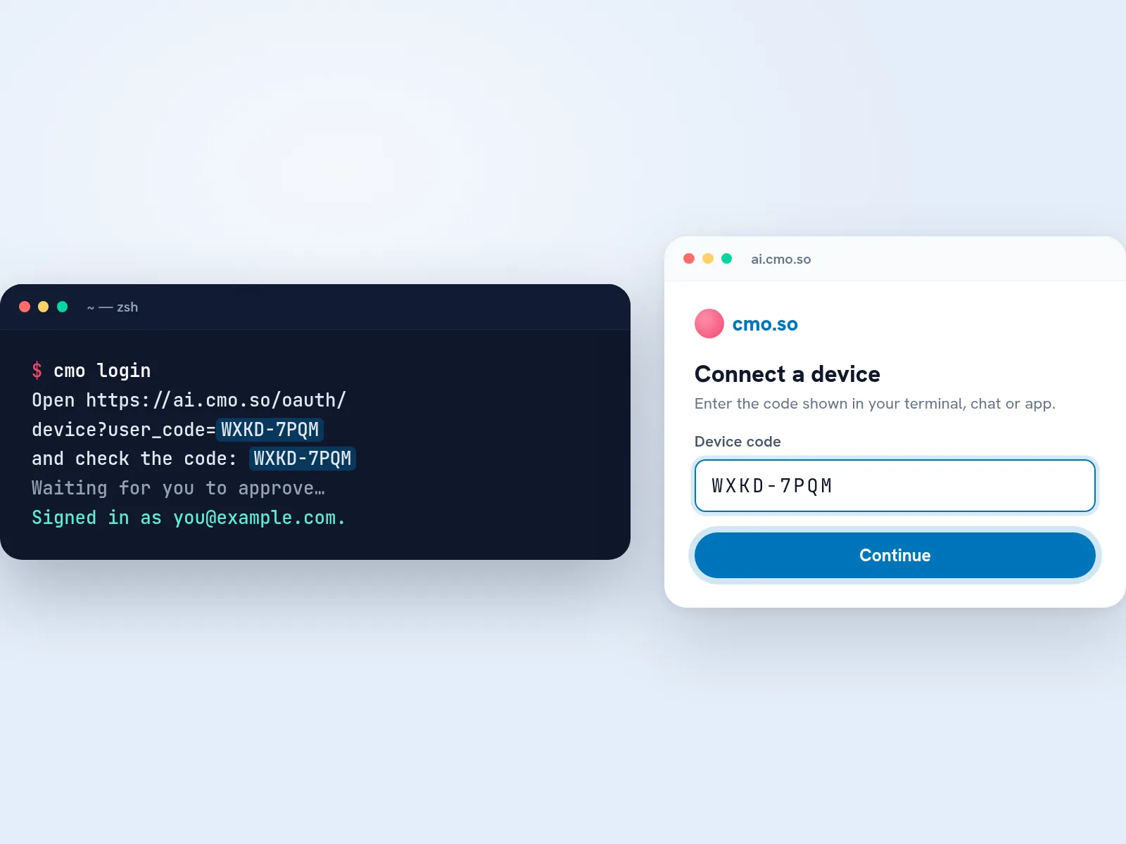 cmo login in a terminal printing a device code, beside the Connect a device page on ai.cmo.so with the same code