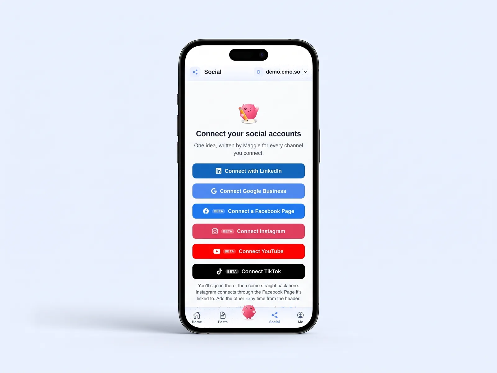 The Social tab of the cmo.so app on an iPhone with buttons to connect LinkedIn, Google Business, Facebook, Instagram, YouTube and TikTok
