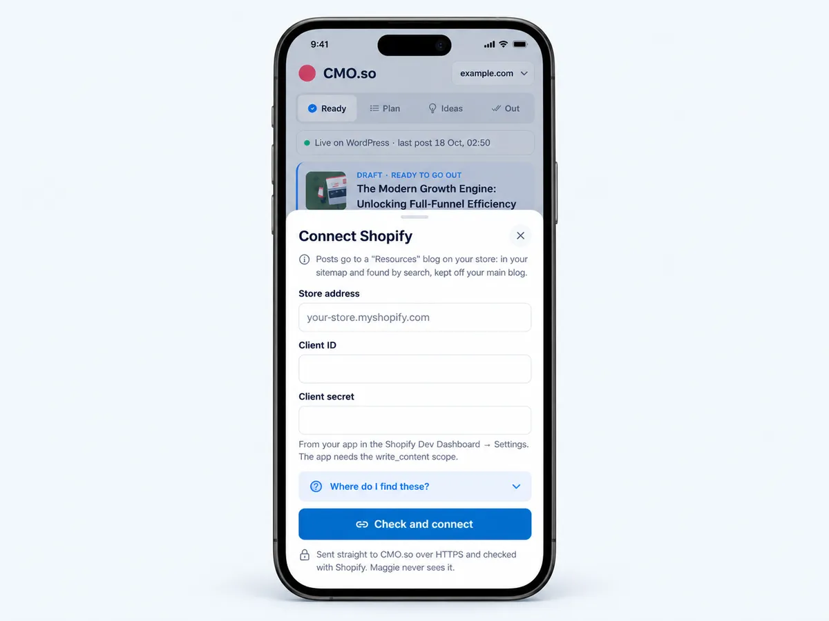 The Connect Shopify form
