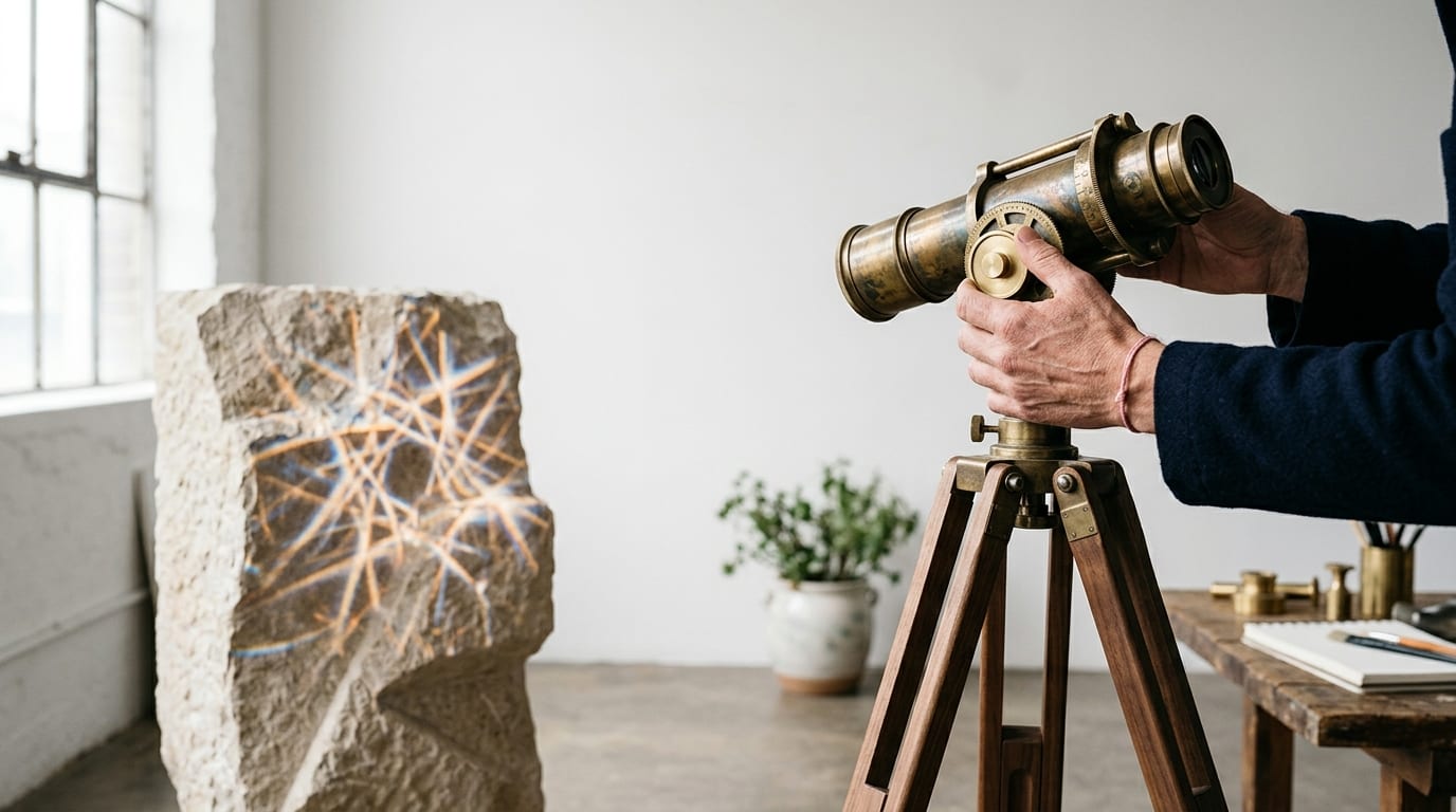 A close-up photograph of a person's hands adjusting a brass kaleidoscope on a wooden tripod to project intricate light patterns onto a large stone sculpture.