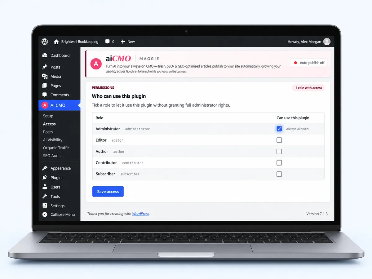 The plugin's Access page with WordPress roles
