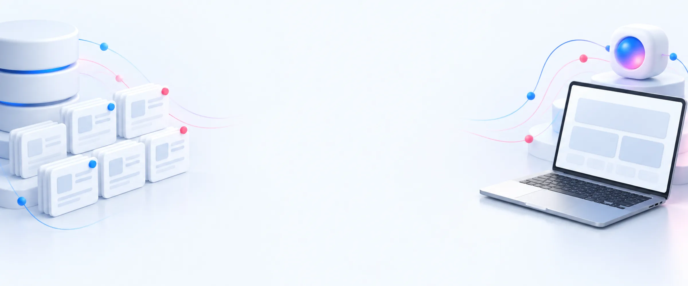 CMS objects on white: stacked collection cards, blank tiles and a laptop with a wireframe