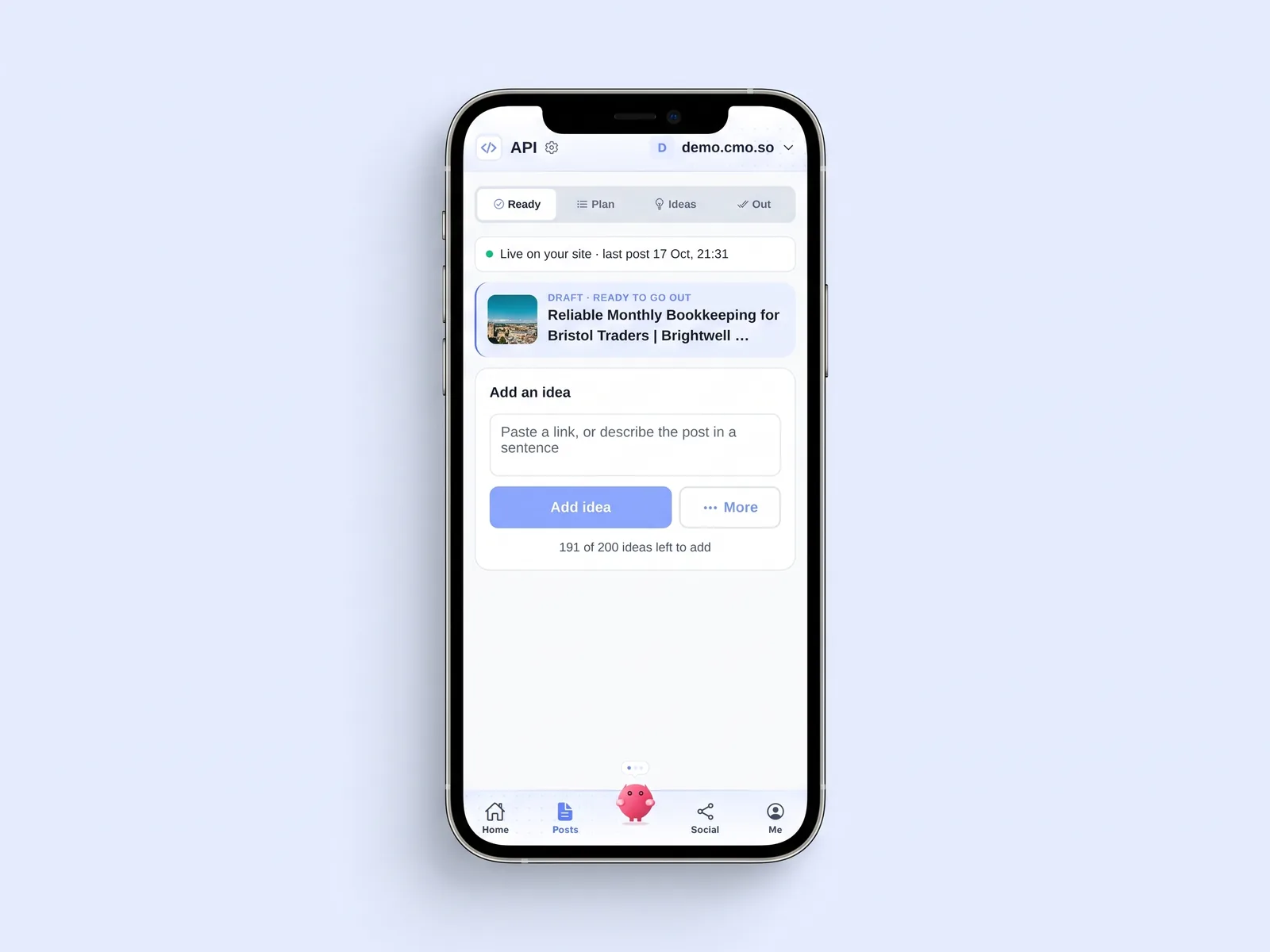 The Posts tab of the cmo.so app on an iPhone: an article ready to go out and a box to add an idea