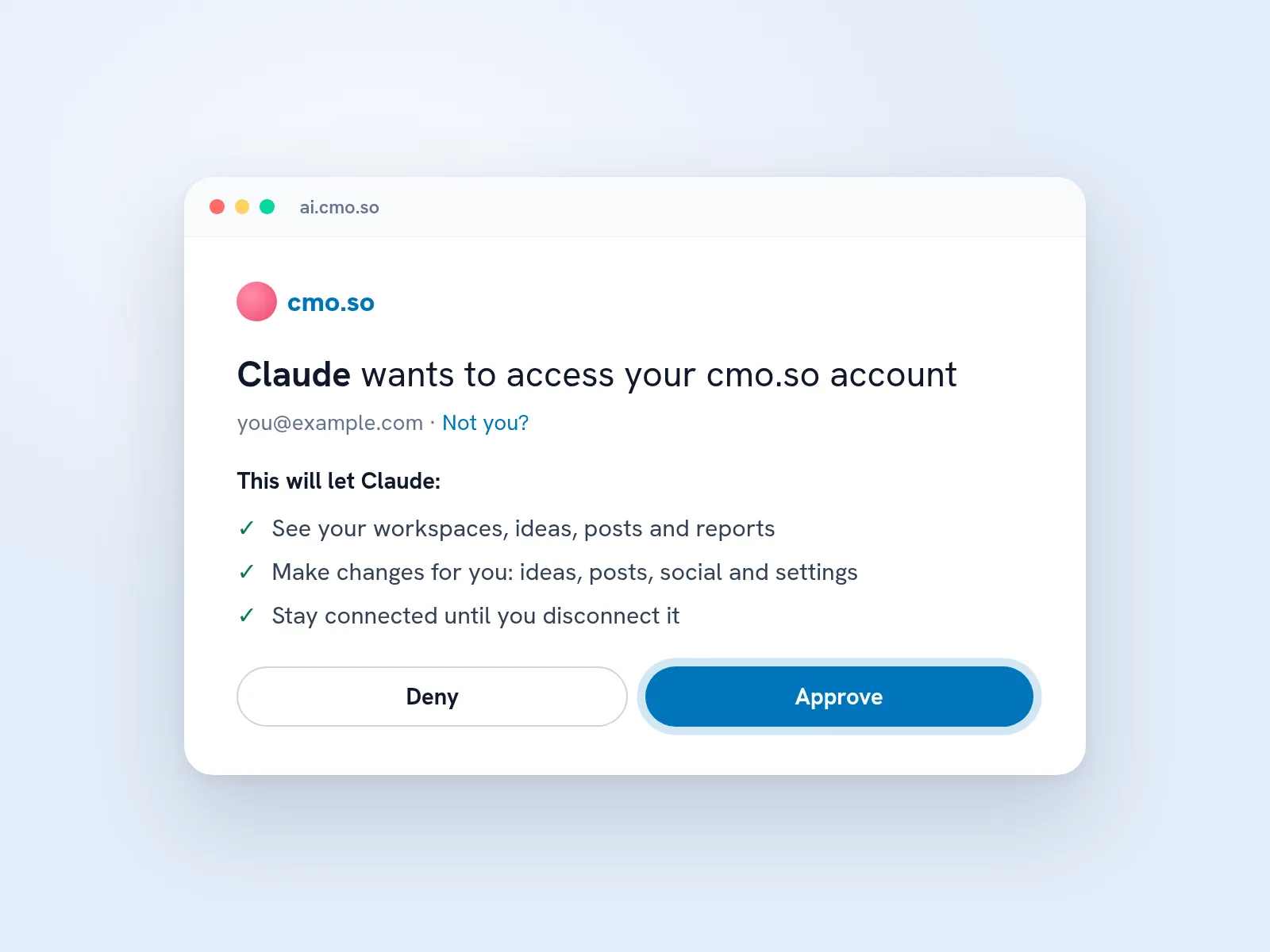 The cmo.so approval page: Claude wants to access your cmo.so account, the three things it will be allowed to do, and Approve