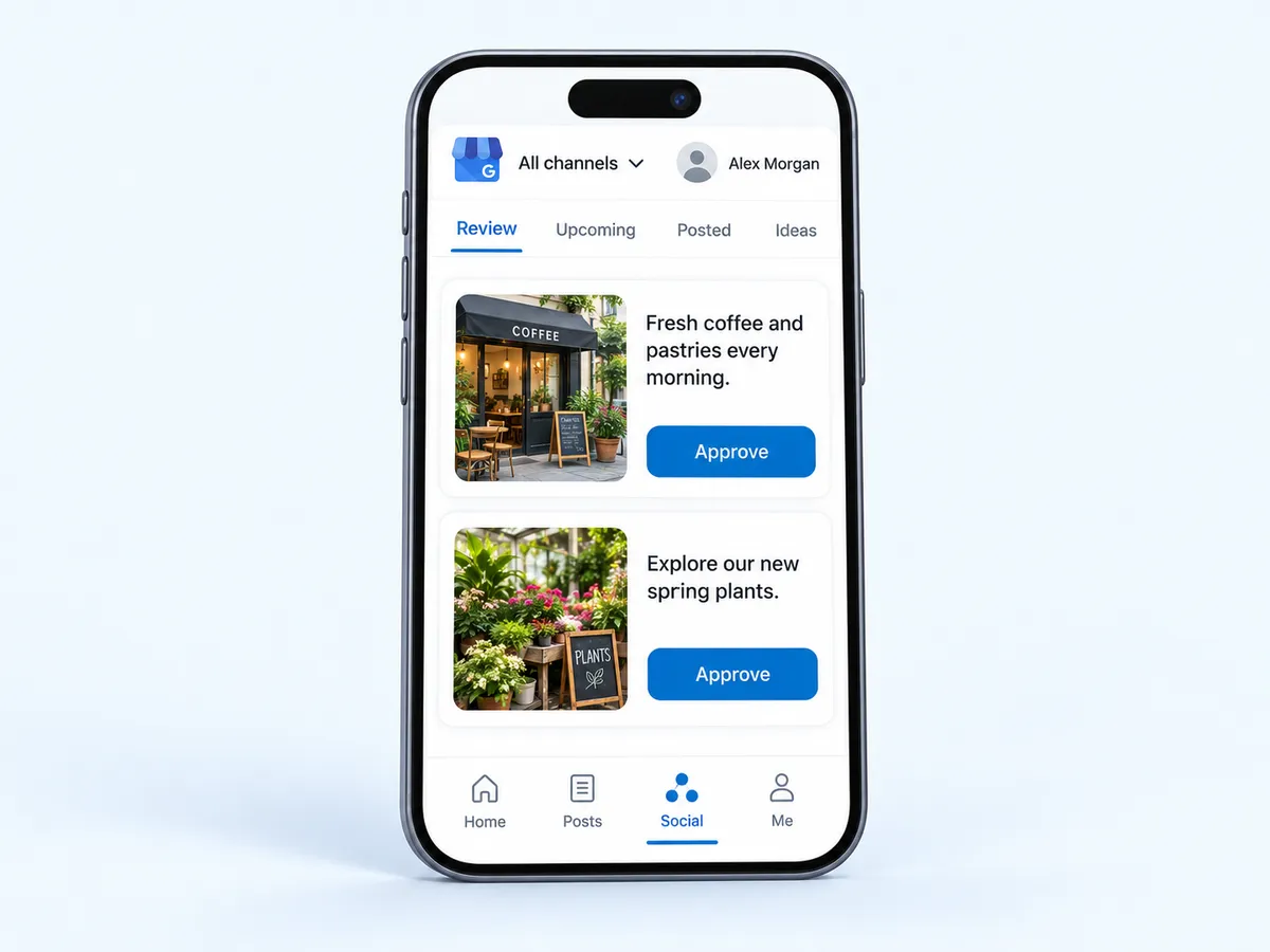 Posts waiting in the Social Review tab for Google Business