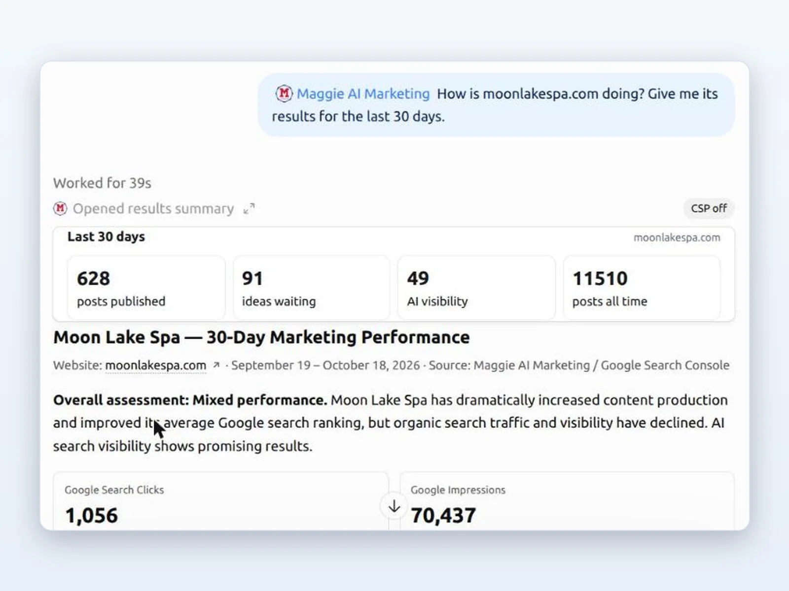 A question about moonlakespa.com's last 30 days answered with the cmo.so results card and a performance summary