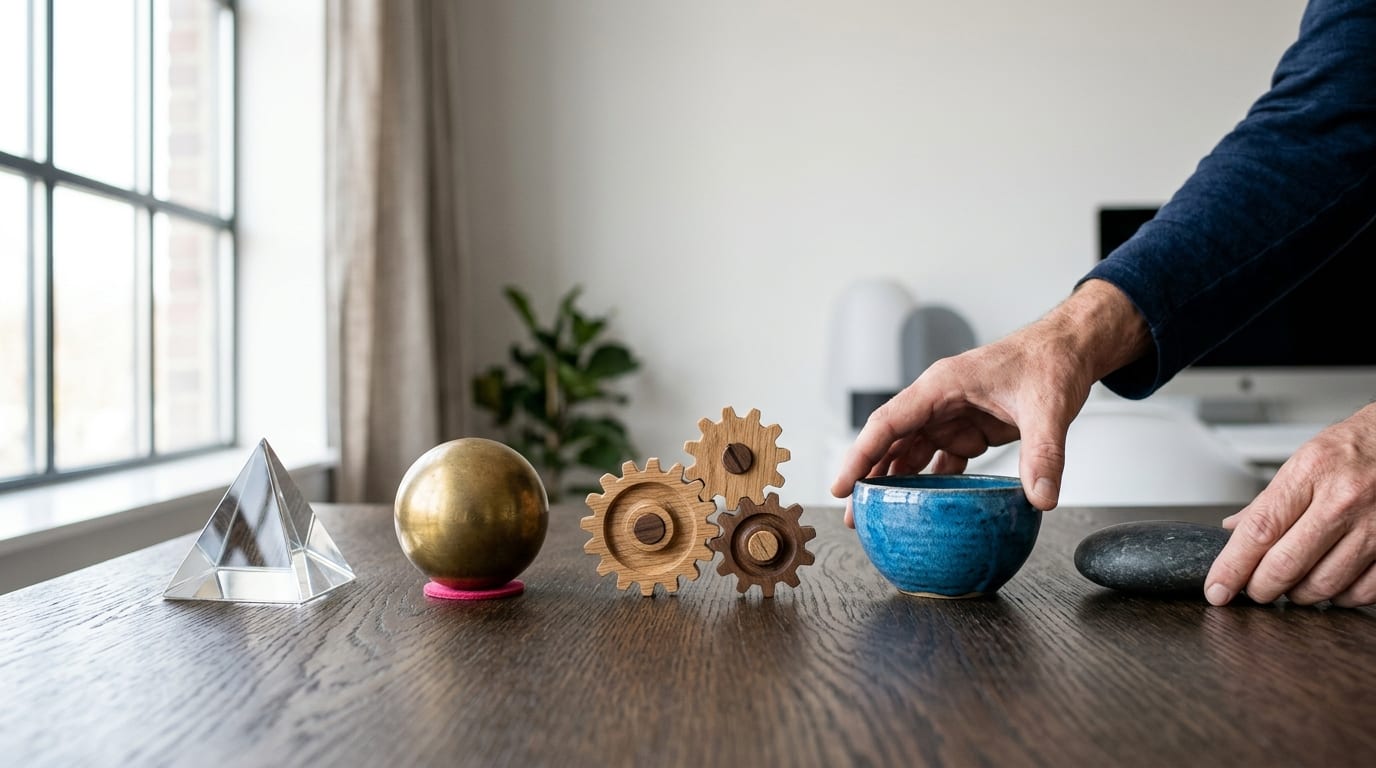 Close-up of hands carefully arranging a glass prism, a brass sphere, wooden gears, a ceramic bowl, and a polished stone in a row on a dark wooden desk.