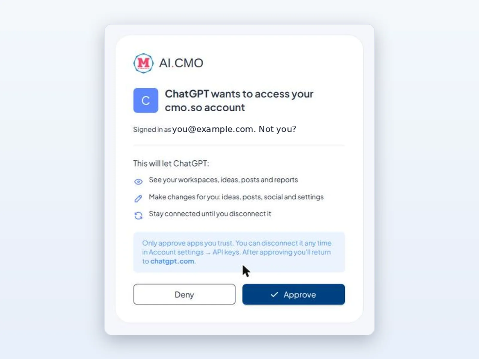 The cmo.so approval page: ChatGPT wants to access your cmo.so account, the three things it will be allowed to do, Deny and Approve