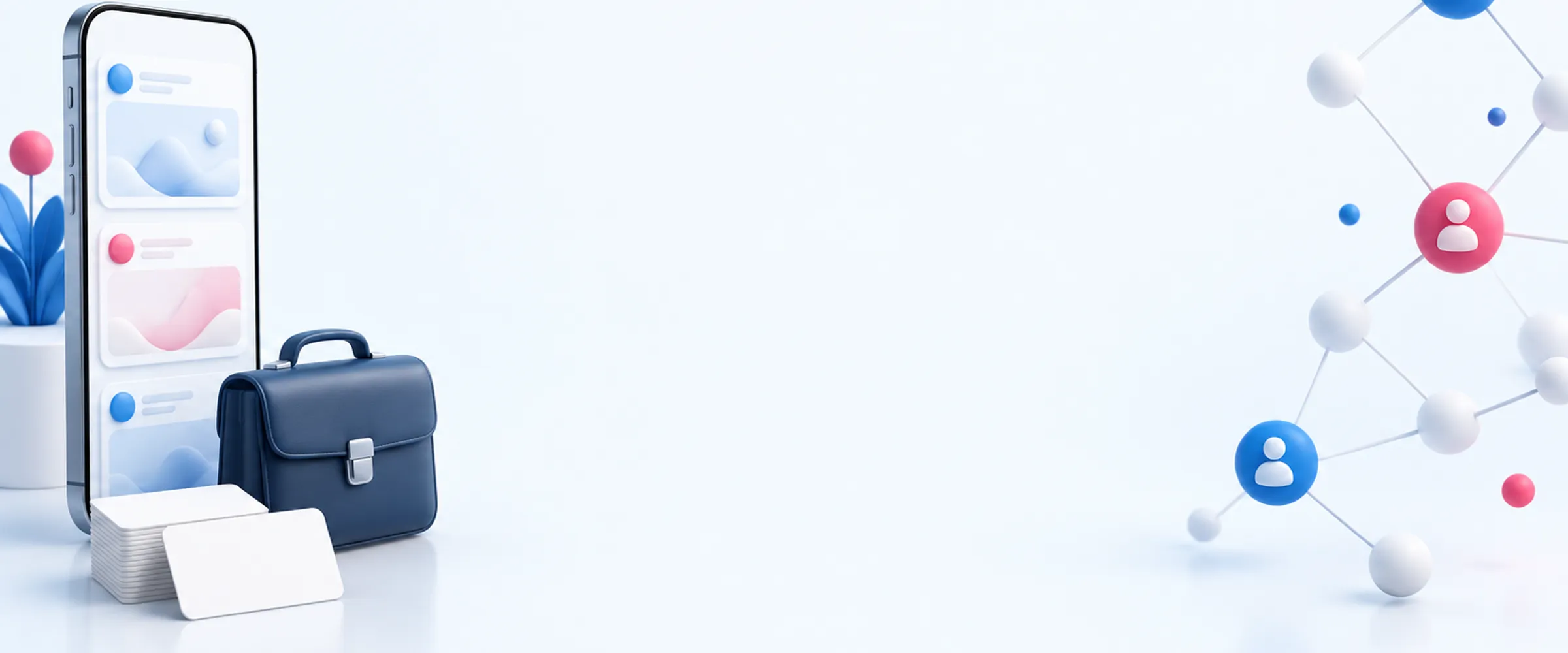 Professional objects on white: a phone with post cards, a briefcase, business cards and network nodes