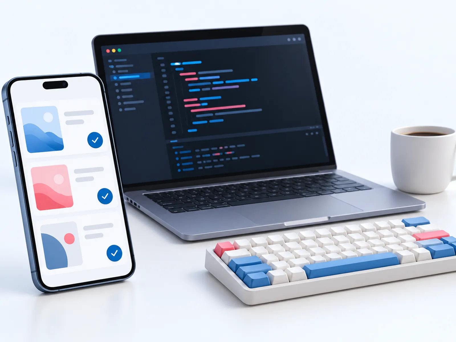 A phone with posts waiting for approval beside a laptop with a code editor