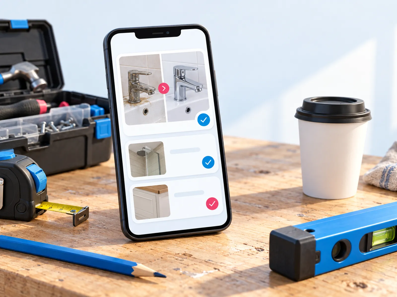 A tradesperson's workbench: a phone showing post cards with a before-and-after job picture waiting for approval beside a toolbox and tape measure