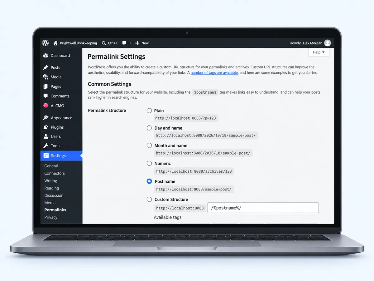WordPress Permalink Settings with Post name selected