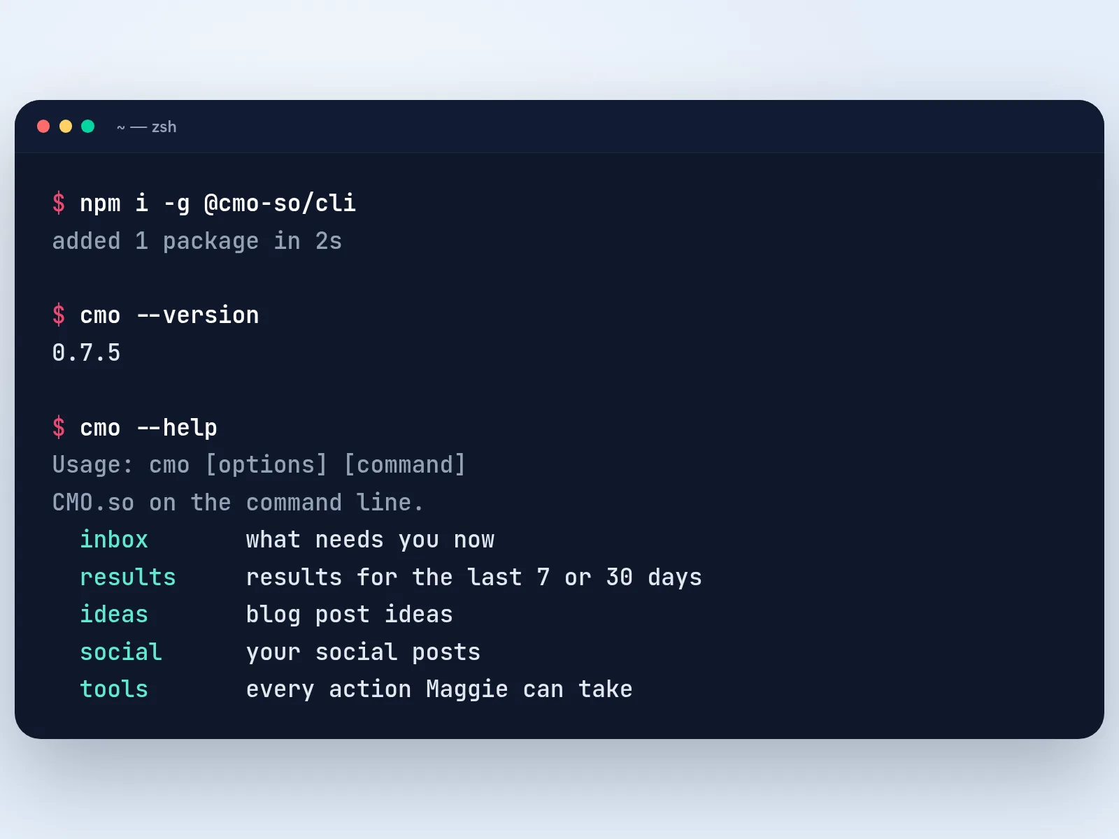 A terminal installing @cmo-so/cli with npm, then cmo --version and part of cmo --help