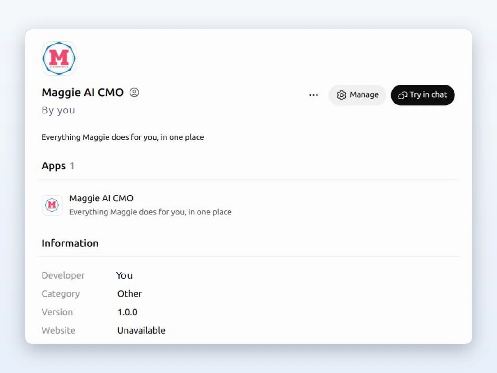 The installed Maggie AI CMO plugin in ChatGPT with Manage and Try in chat