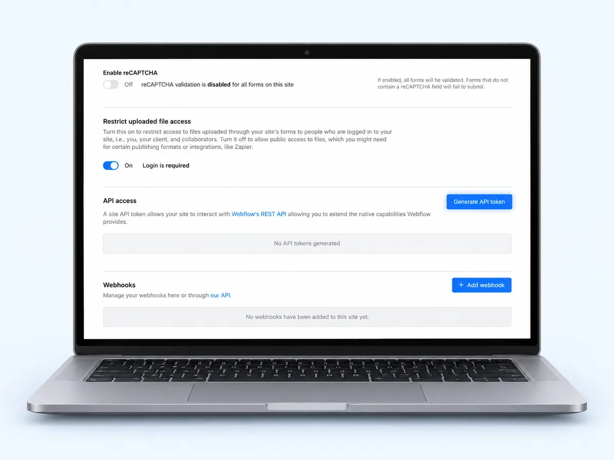 Webflow site settings with the API access section
