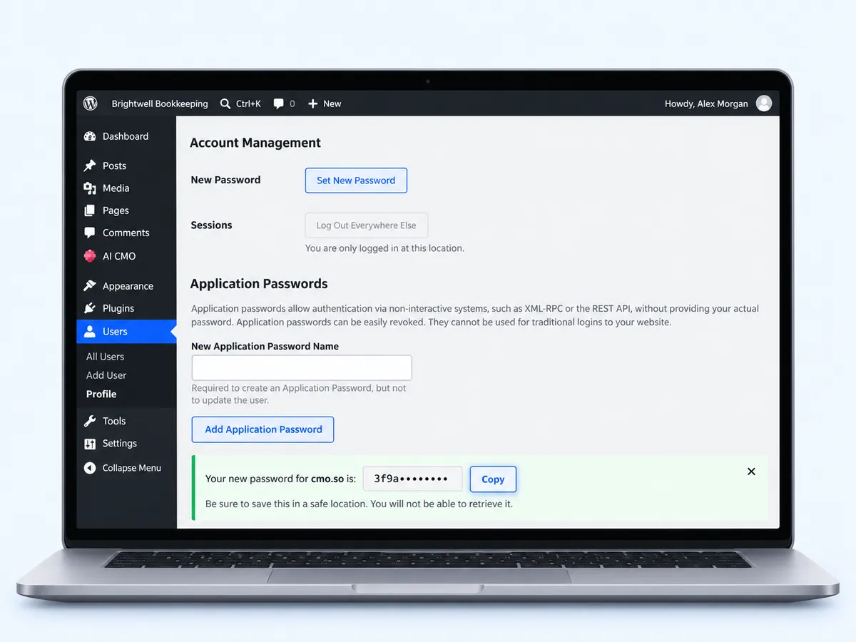WordPress showing the new application password with a Copy button