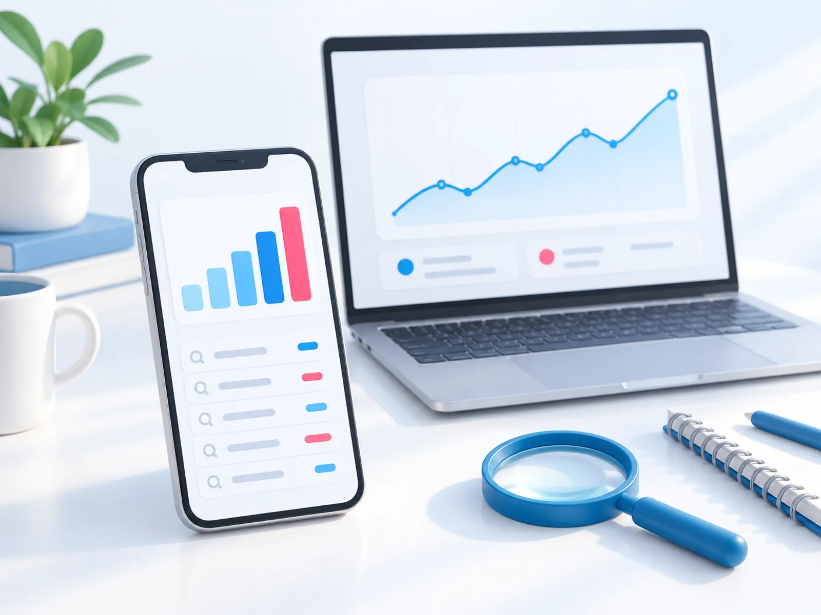A phone showing an analytics card with a bar chart and search terms beside a laptop with a line chart