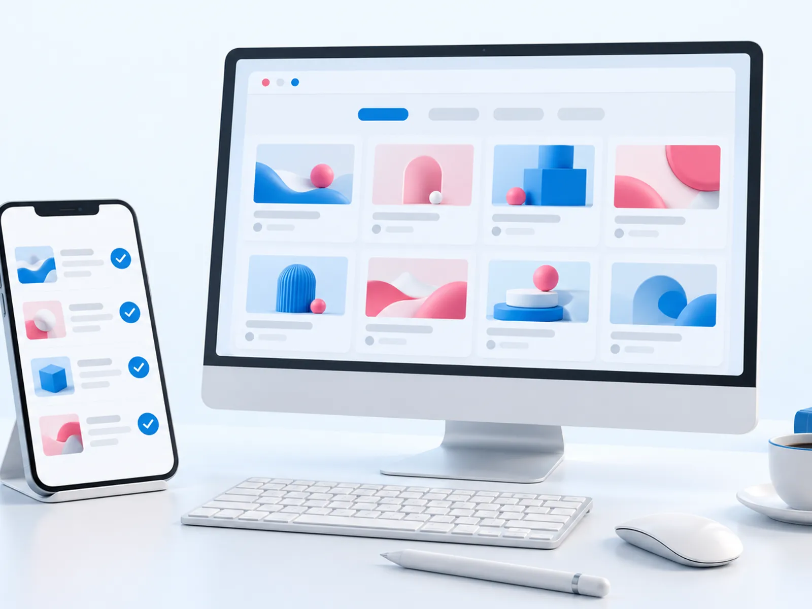 A phone with posts waiting for approval beside a monitor with a website grid