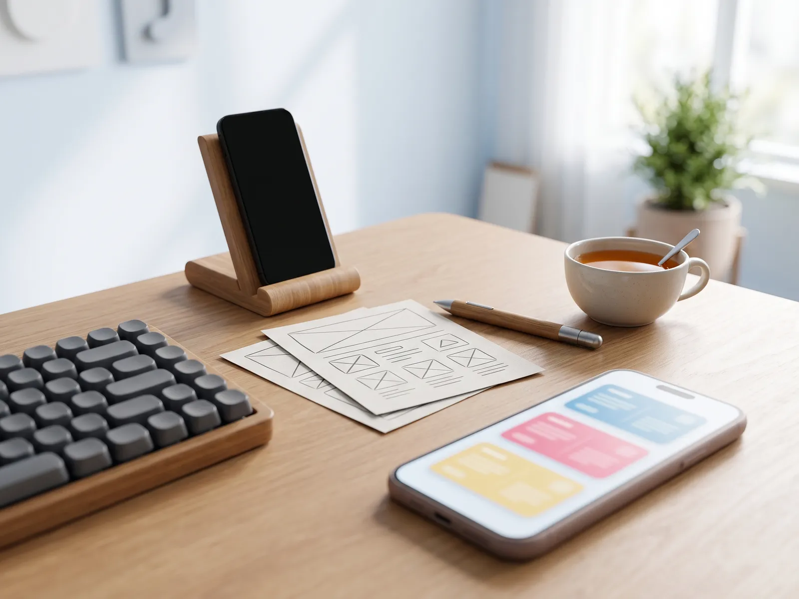 一位 App 开发者的办公桌:手机上显示着等待确认的帖子卡片,旁边是支架上的测试机、纸质线框图和一支触控笔