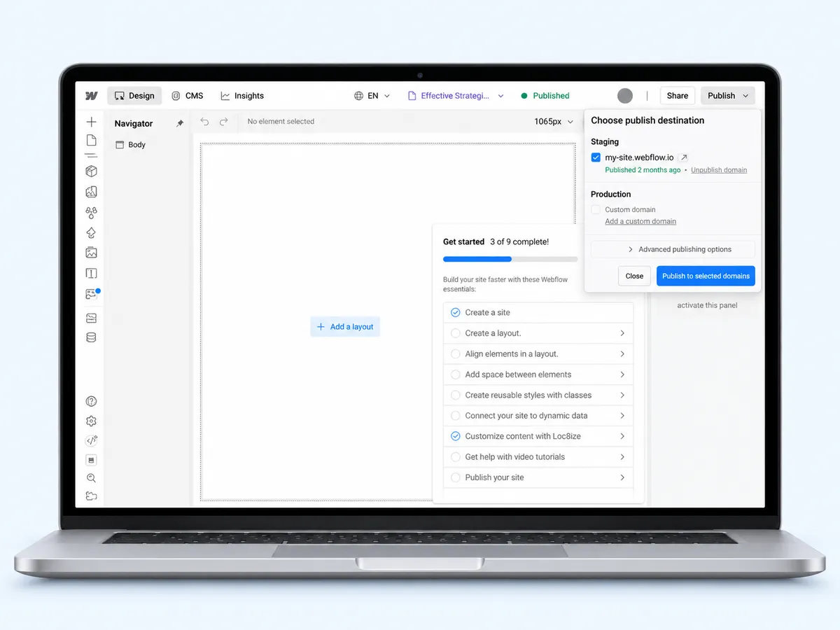 The Webflow Publish menu
