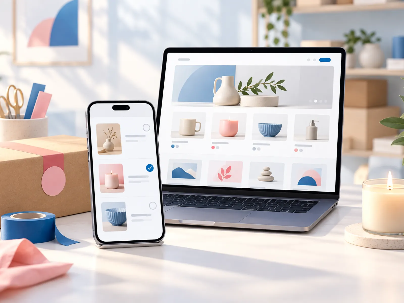 A phone with blog articles waiting for approval beside a laptop showing a store and a parcel